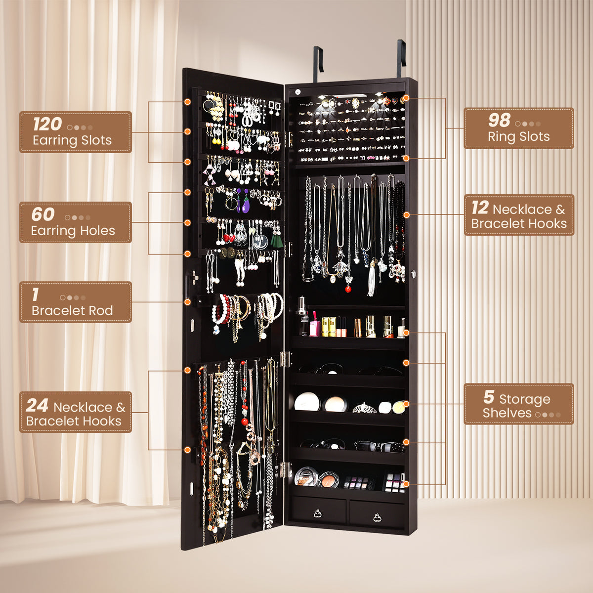 Mirrored Jewelry Armoire with LED Lights - Brown