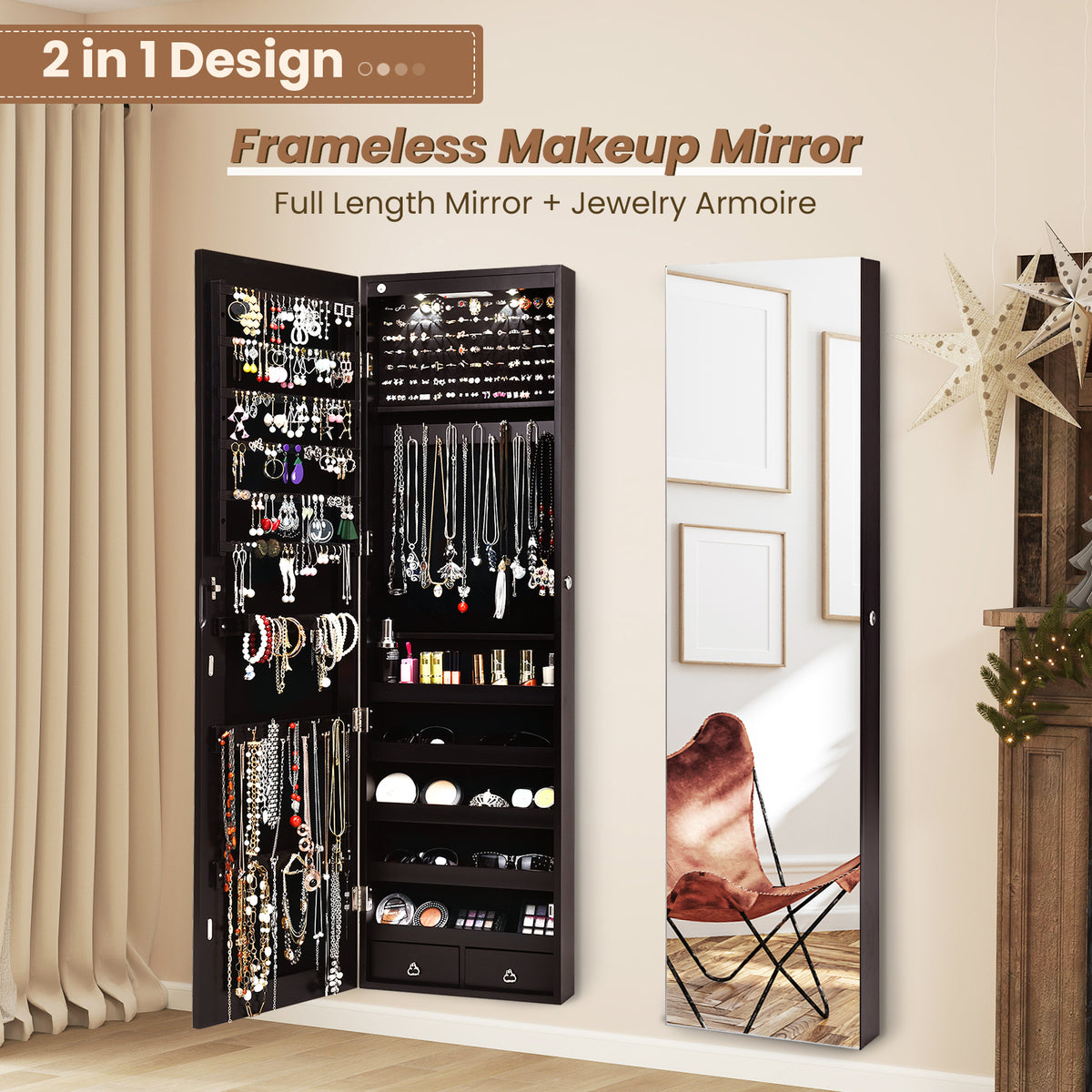 Mirrored Jewelry Armoire with LED Lights - Brown