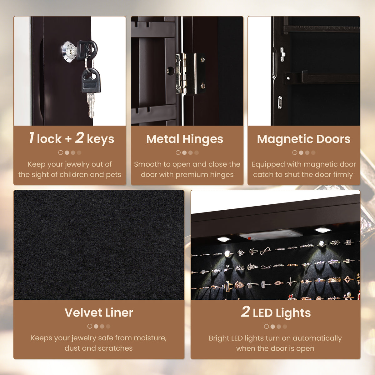 Mirrored Jewelry Armoire with LED Lights - Brown