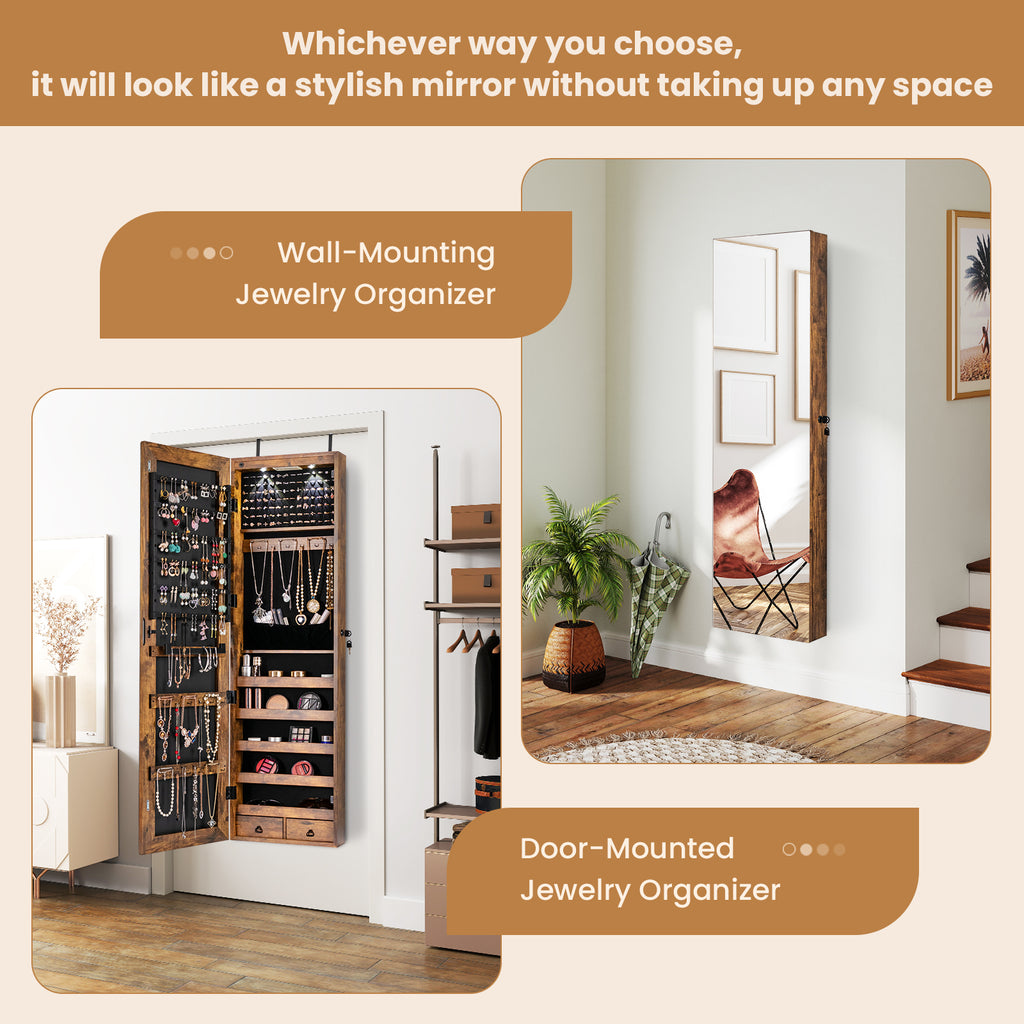 Mirrored Jewelry Armoire with LED Lights - Rustic Brown