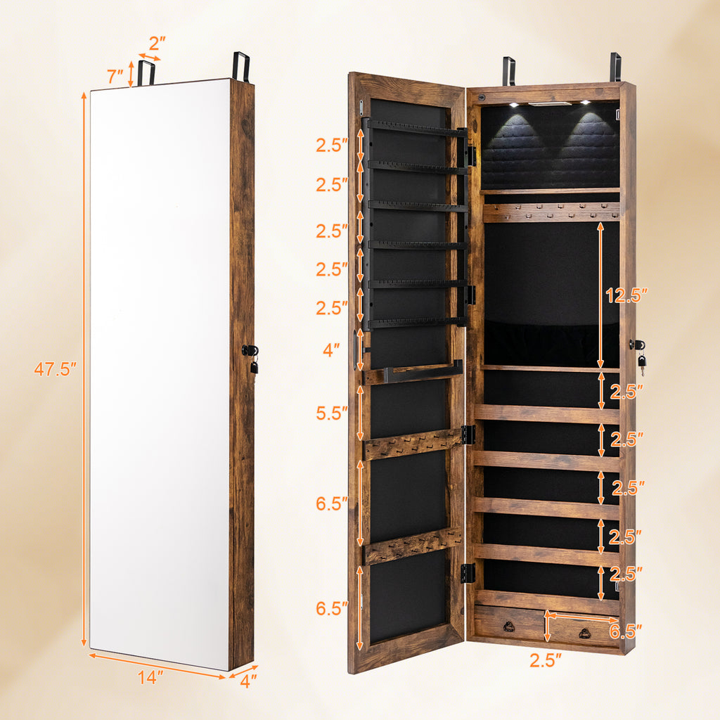 Mirrored Jewelry Armoire with LED Lights - Rustic Brown