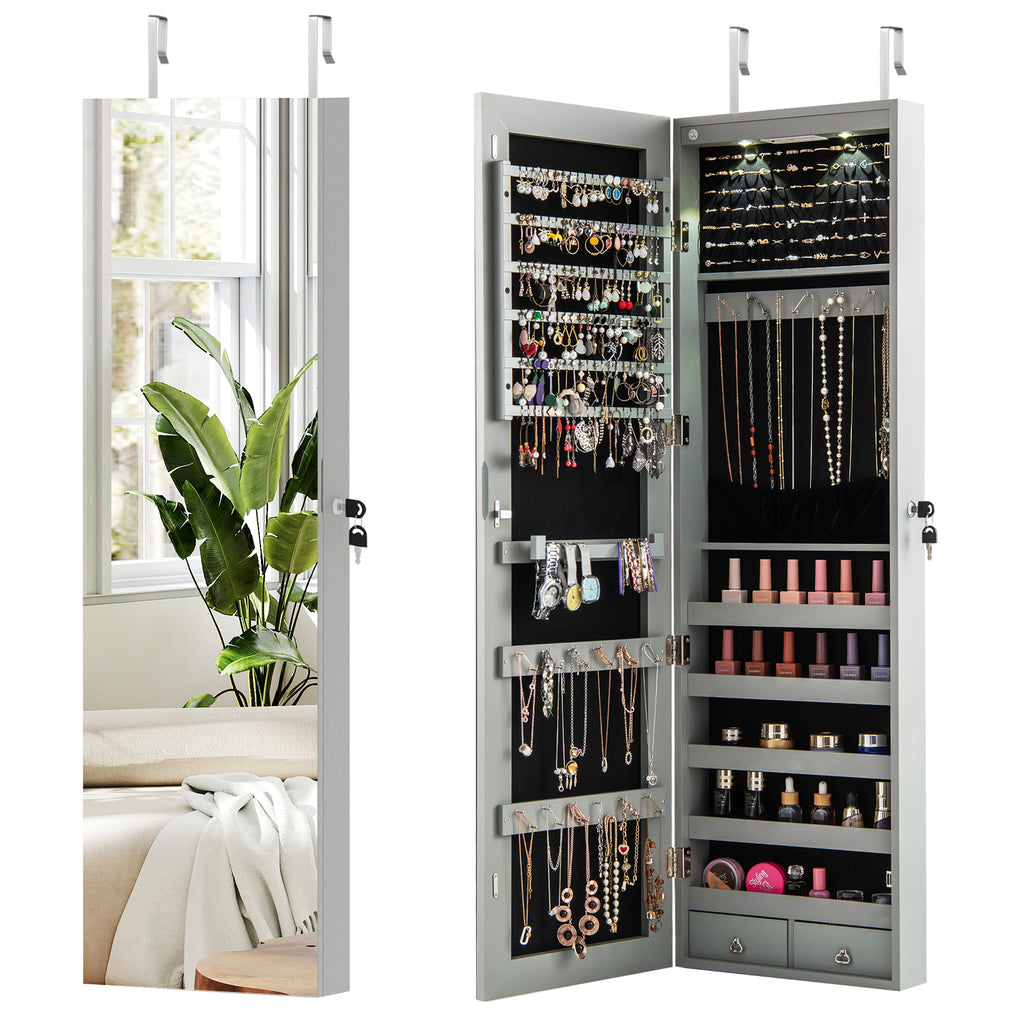 Mirrored Jewelry Armoire with LED Lights - Gray