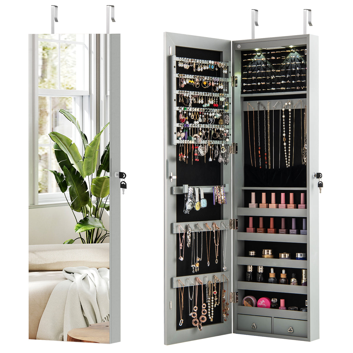 Mirrored Jewelry Armoire with LED Lights - Gray