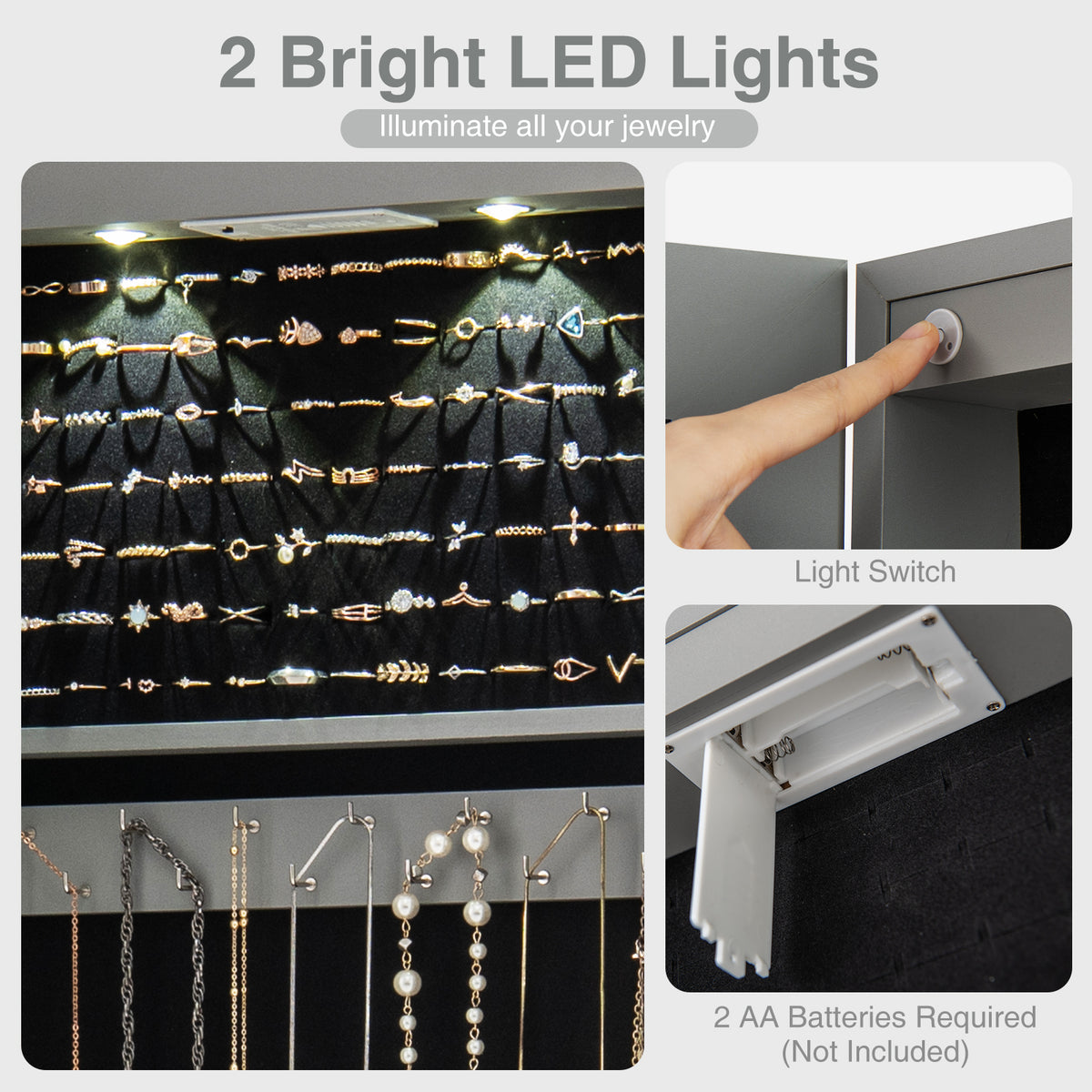 Mirrored Jewelry Armoire with LED Lights - Gray
