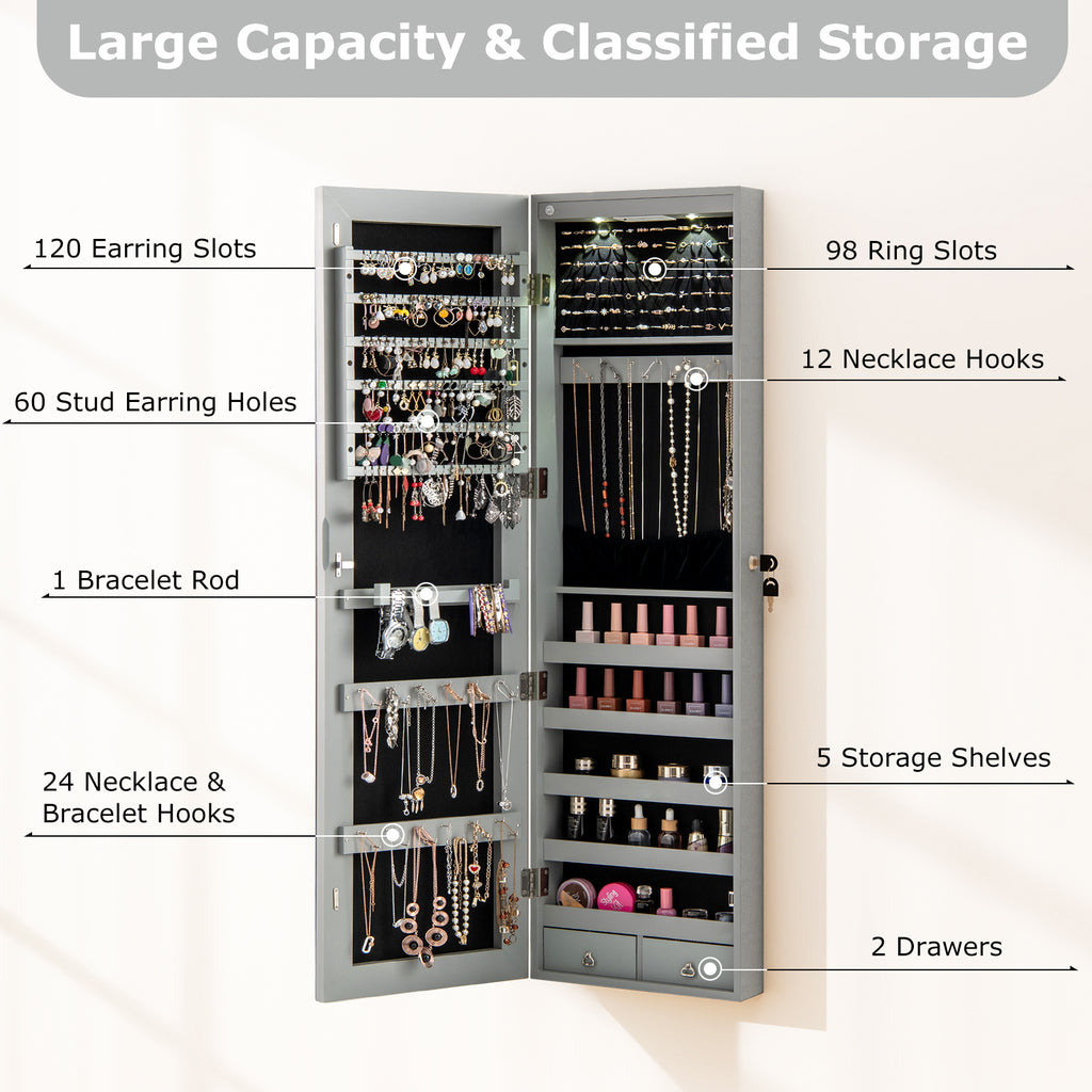 Mirrored Jewelry Armoire with LED Lights - Gray