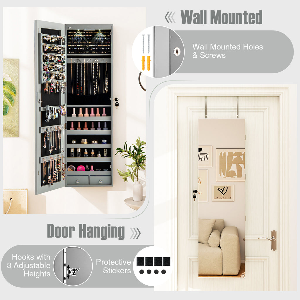 Mirrored Jewelry Armoire with LED Lights - Gray
