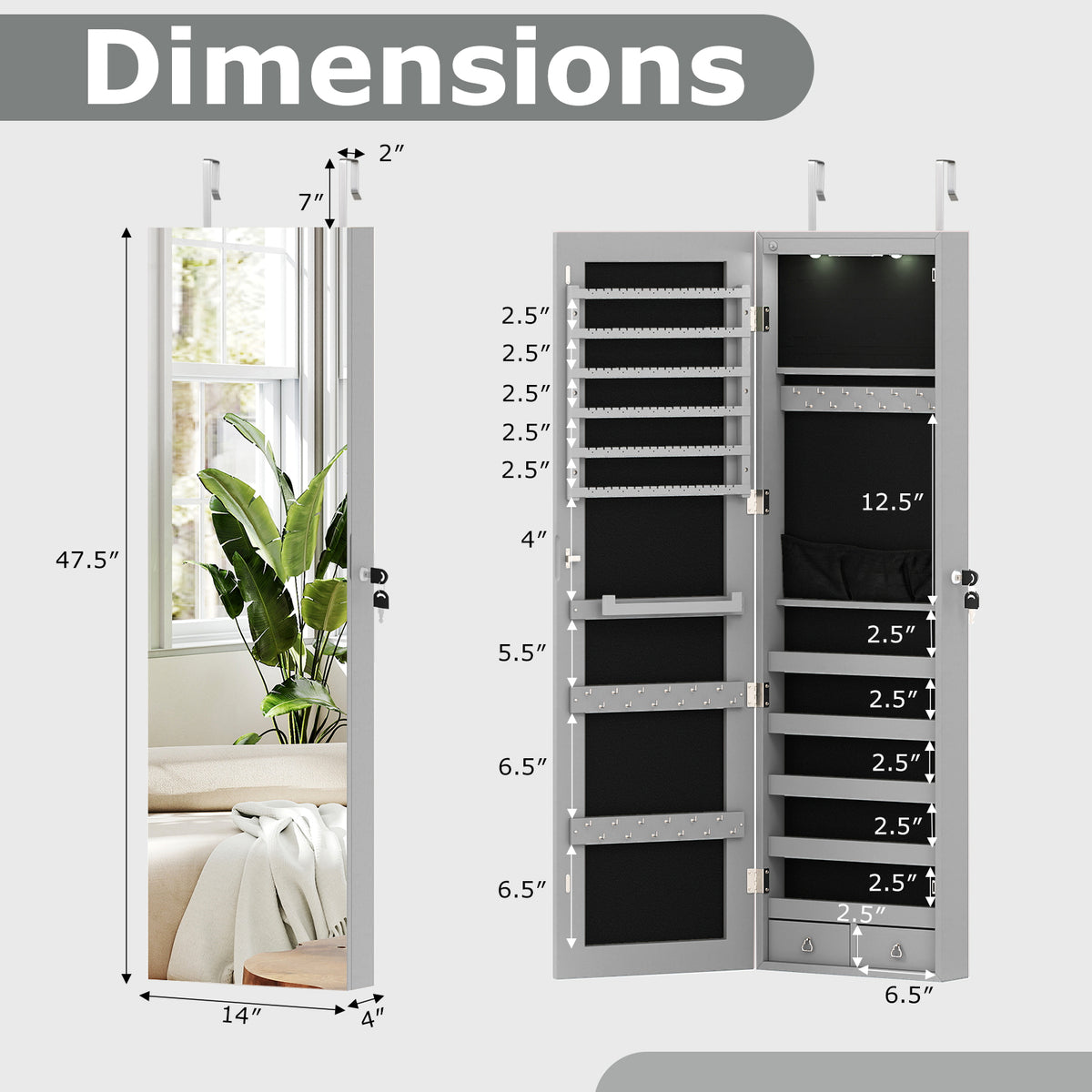 Mirrored Jewelry Armoire with LED Lights - Gray