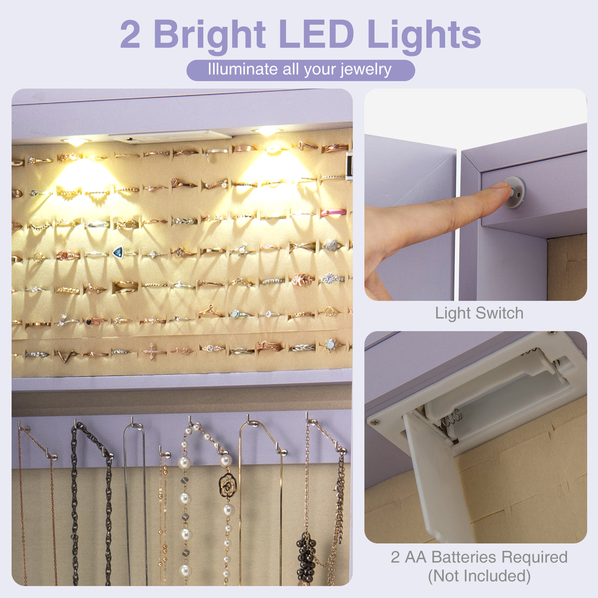 Mirrored Jewelry Armoire with LED Lights - Purple