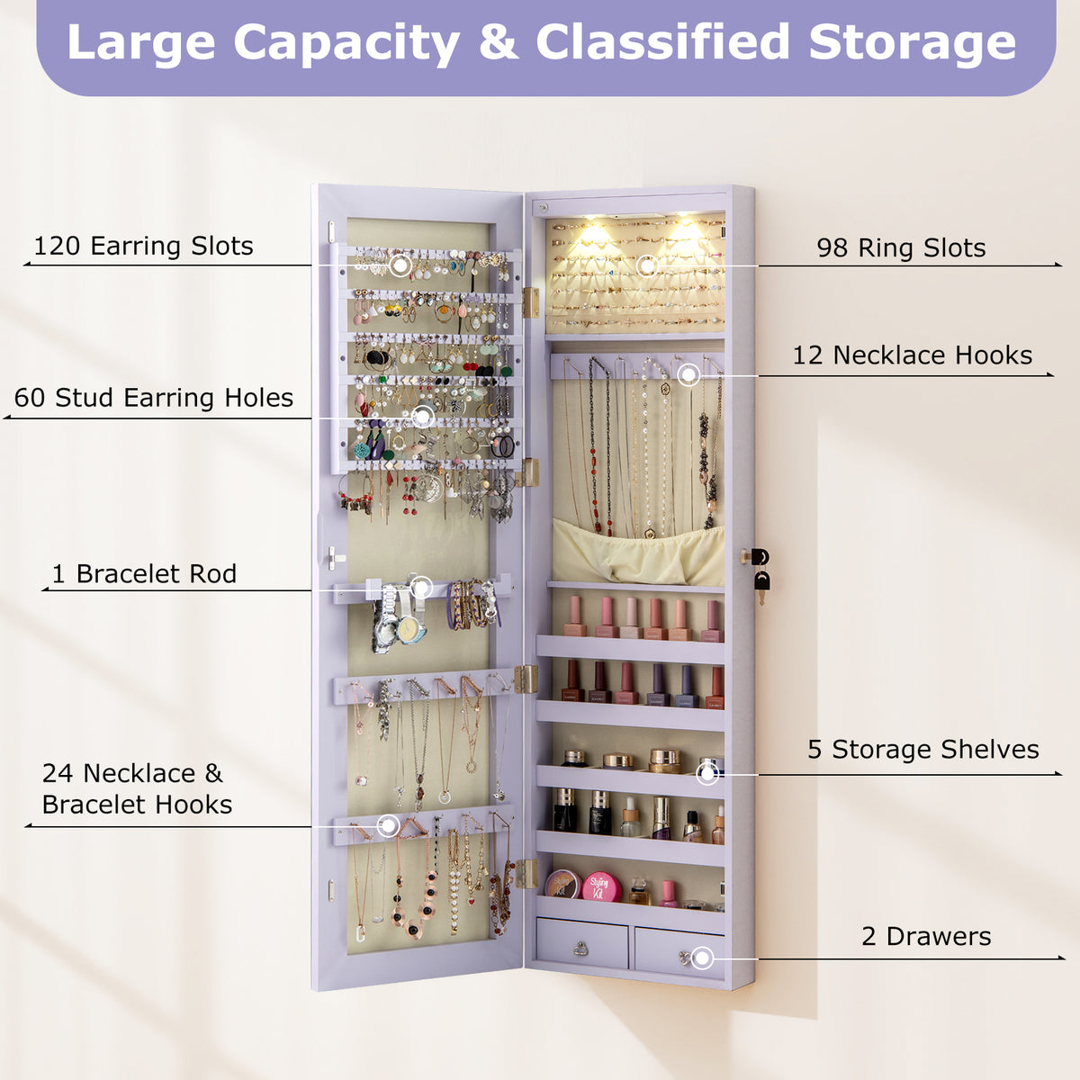 Mirrored Jewelry Armoire with LED Lights - Purple
