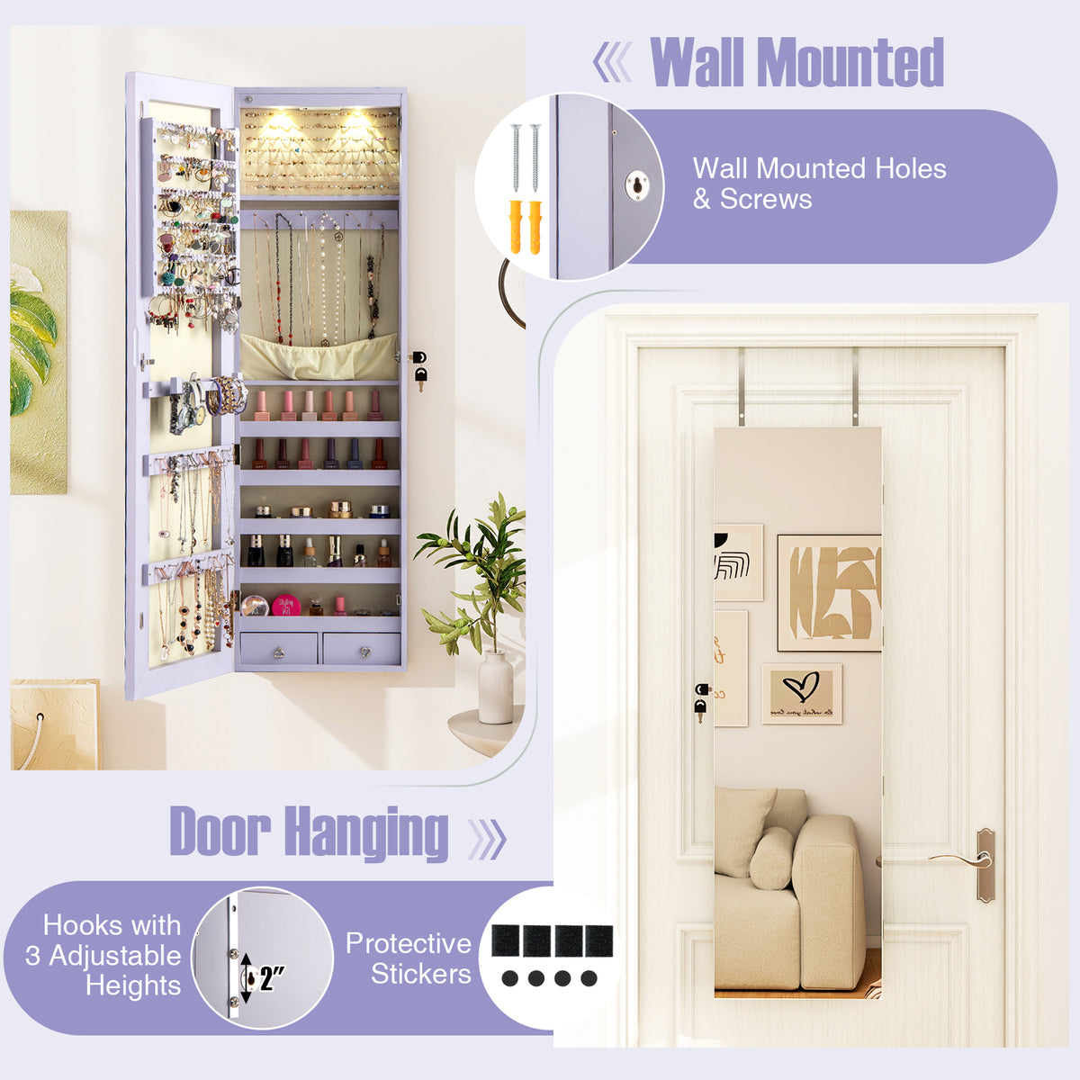 Mirrored Jewelry Armoire with LED Lights - Purple