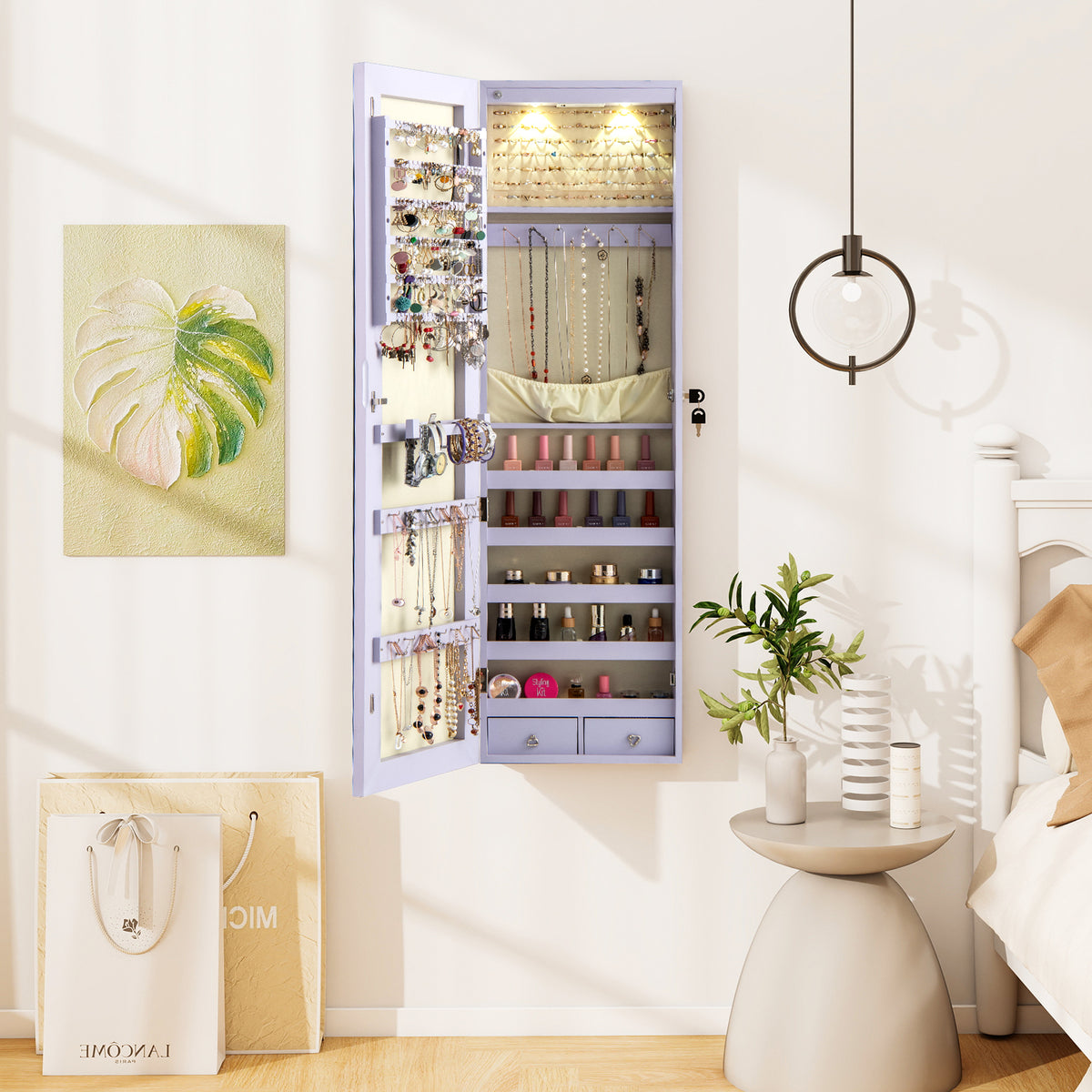 Mirrored Jewelry Armoire with LED Lights - Purple