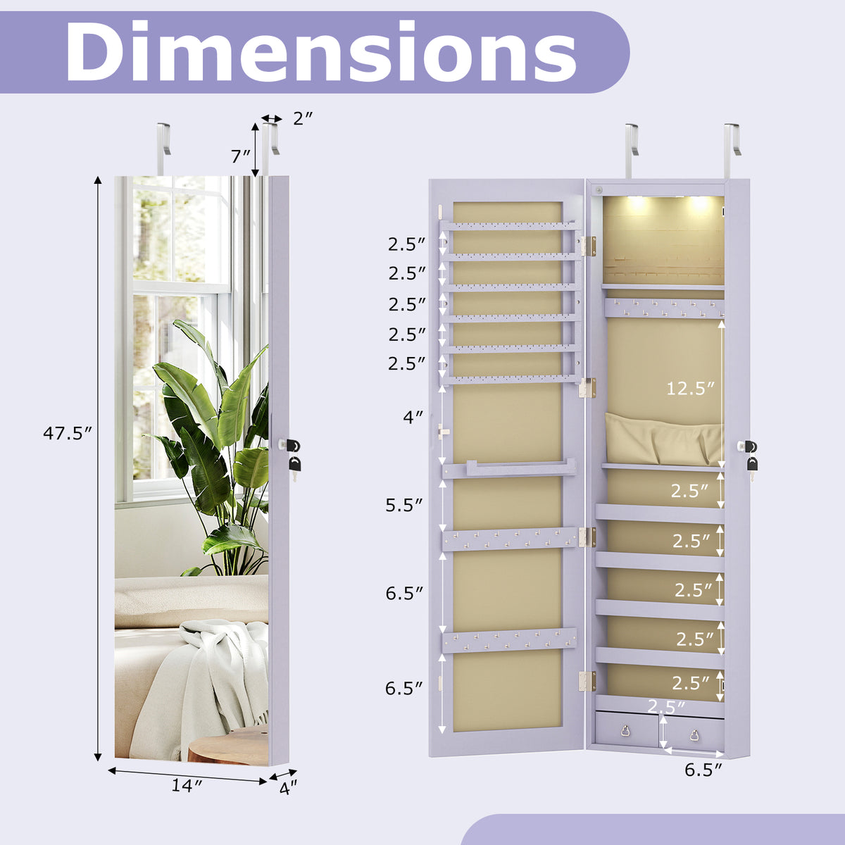 Mirrored Jewelry Armoire with LED Lights - Purple
