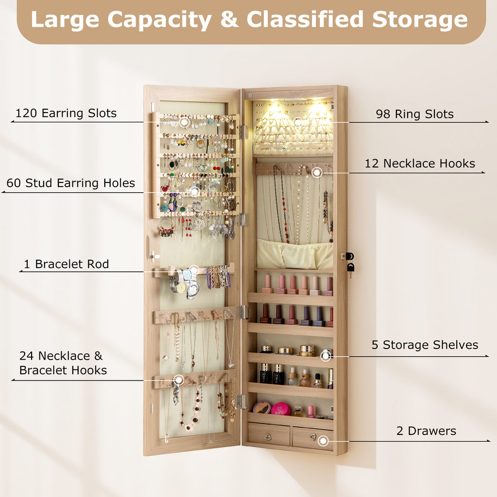 Mirrored Jewelry Armoire with LED Lights - Natural