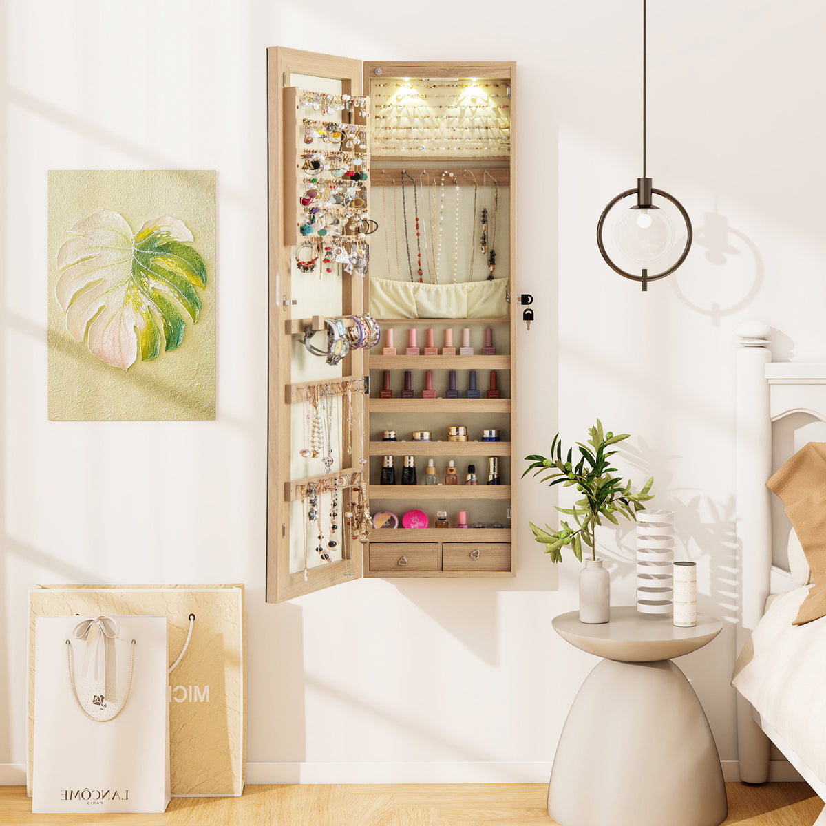 Mirrored Jewelry Armoire with LED Lights - Natural