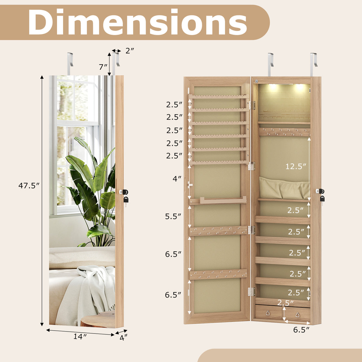 Mirrored Jewelry Armoire with LED Lights - Natural