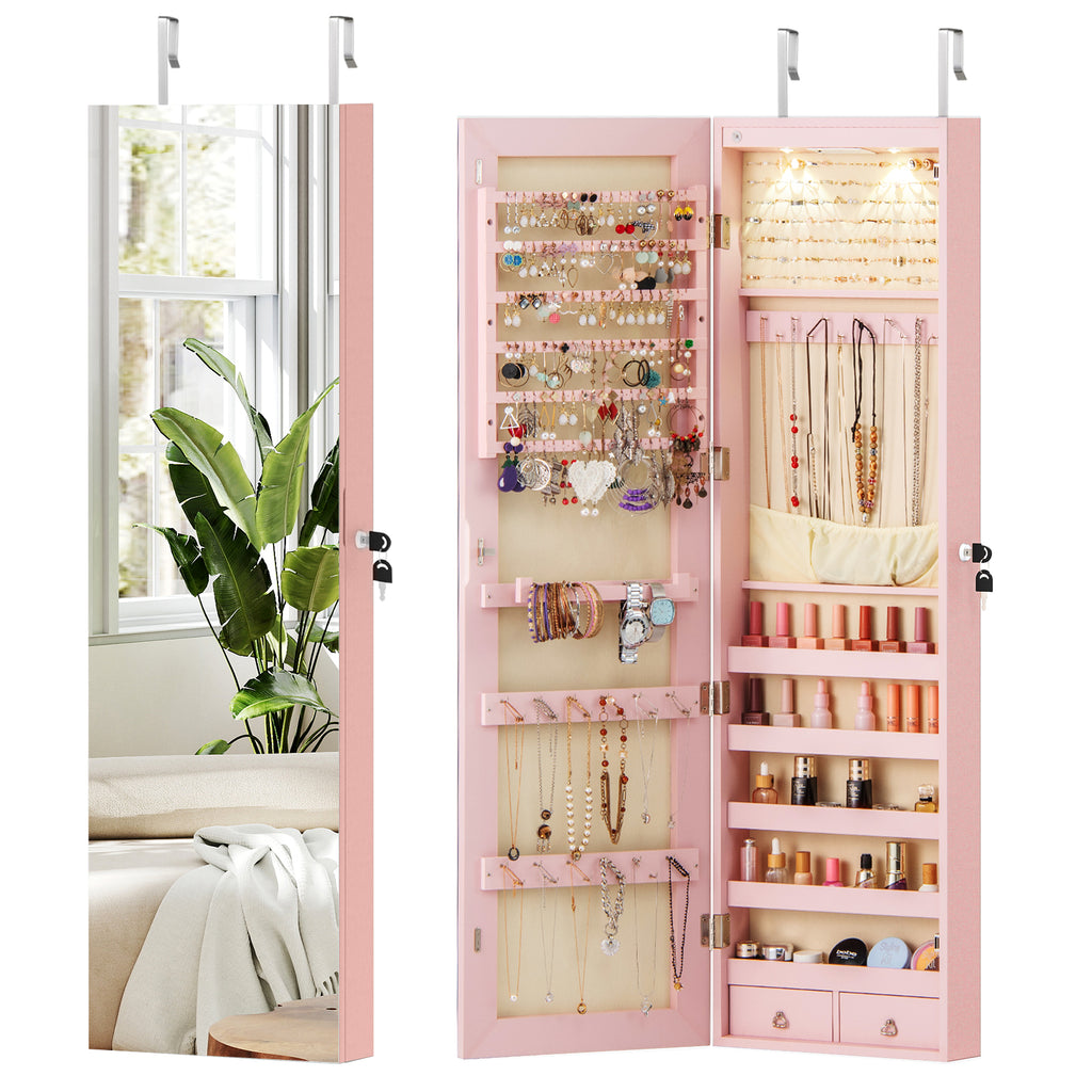 Mirrored Jewelry Armoire Cabinet with LED Lights – Pink