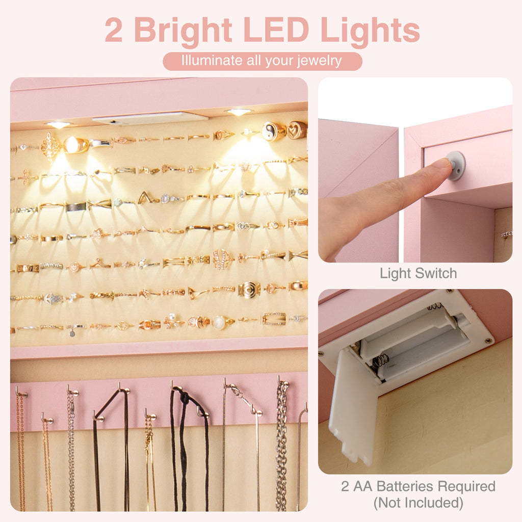 Mirrored Jewelry Armoire Cabinet with LED Lights – Pink