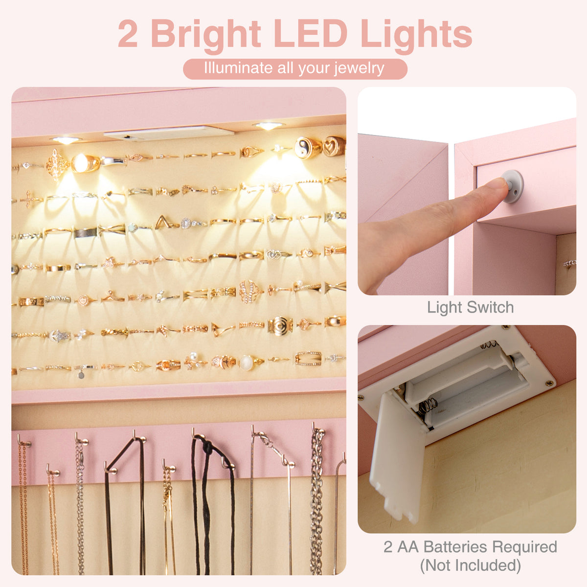 Mirrored Jewelry Armoire Cabinet with LED Lights – Pink