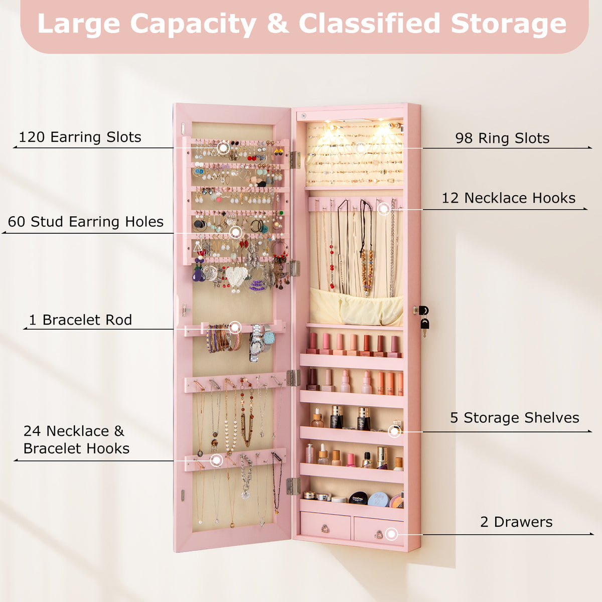 Mirrored Jewelry Armoire Cabinet with LED Lights – Pink