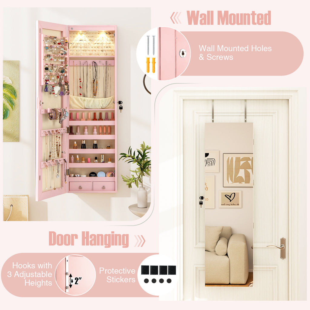 Mirrored Jewelry Armoire Cabinet with LED Lights – Pink