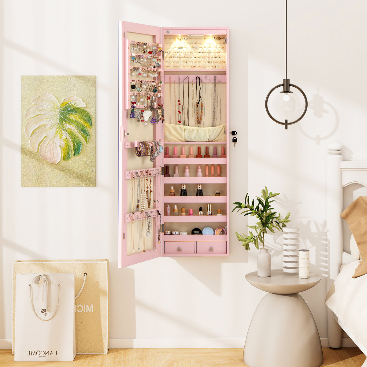 Mirrored Jewelry Armoire Cabinet with LED Lights – Pink