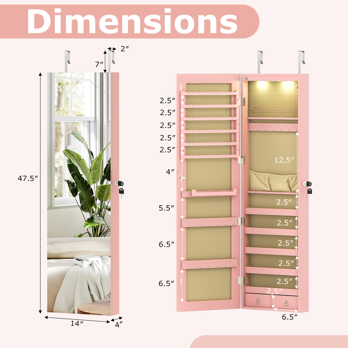 Mirrored Jewelry Armoire Cabinet with LED Lights – Pink