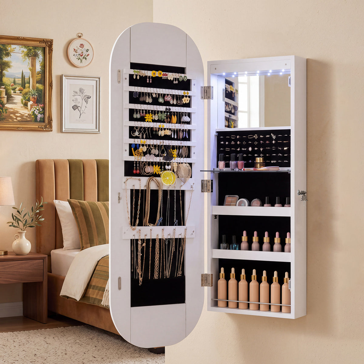 Wall & Door Jewelry Cabinet with LED Mirror, White