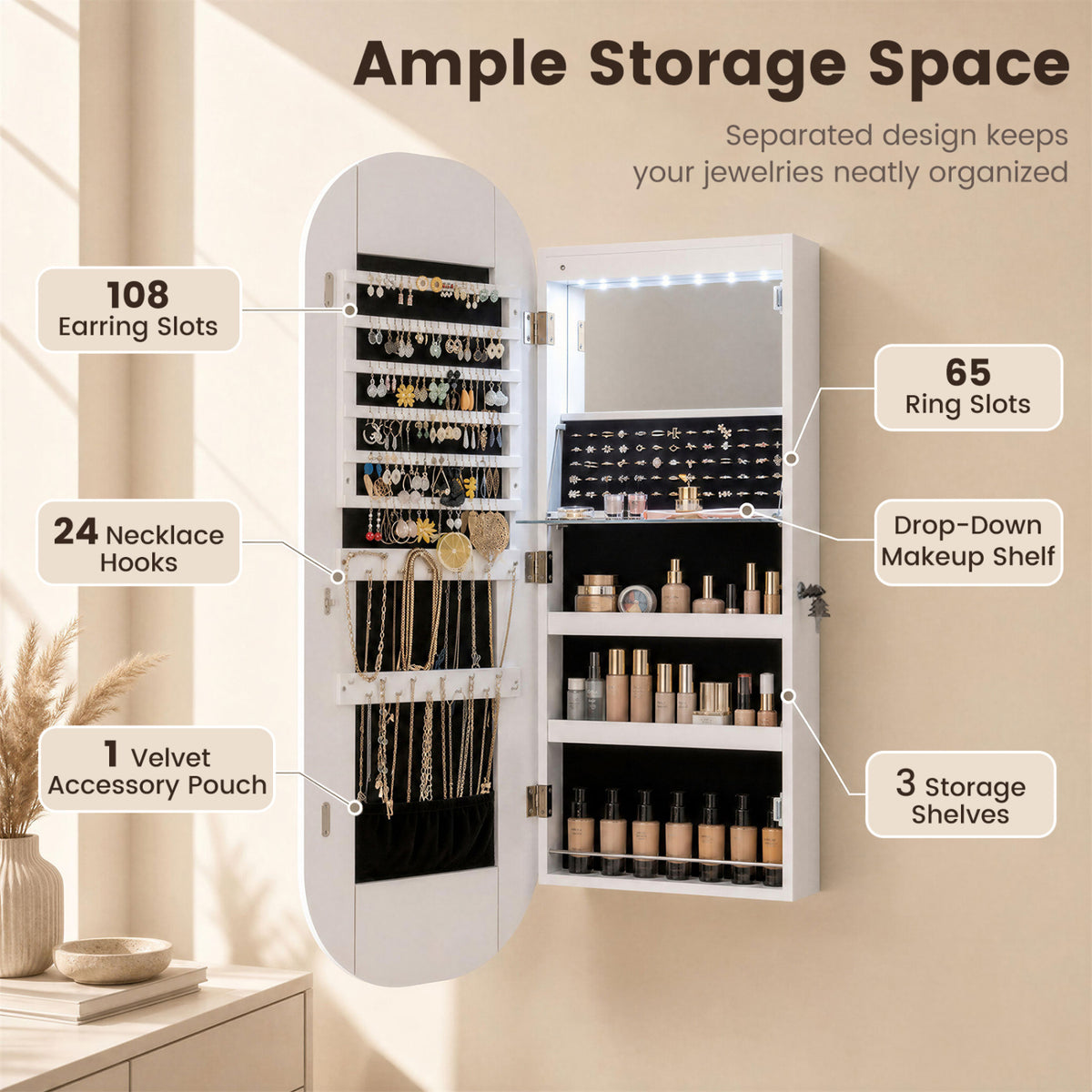 Wall & Door Jewelry Cabinet with LED Mirror, White