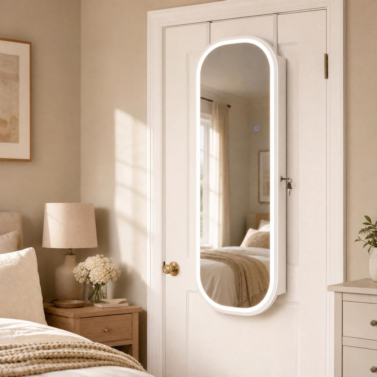 Wall & Door Jewelry Cabinet with LED Mirror, White