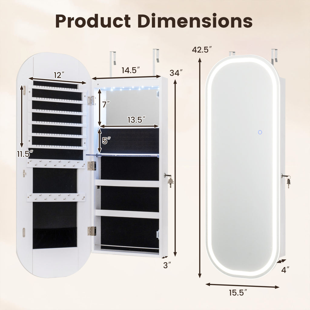 Wall & Door Jewelry Cabinet with LED Mirror, White