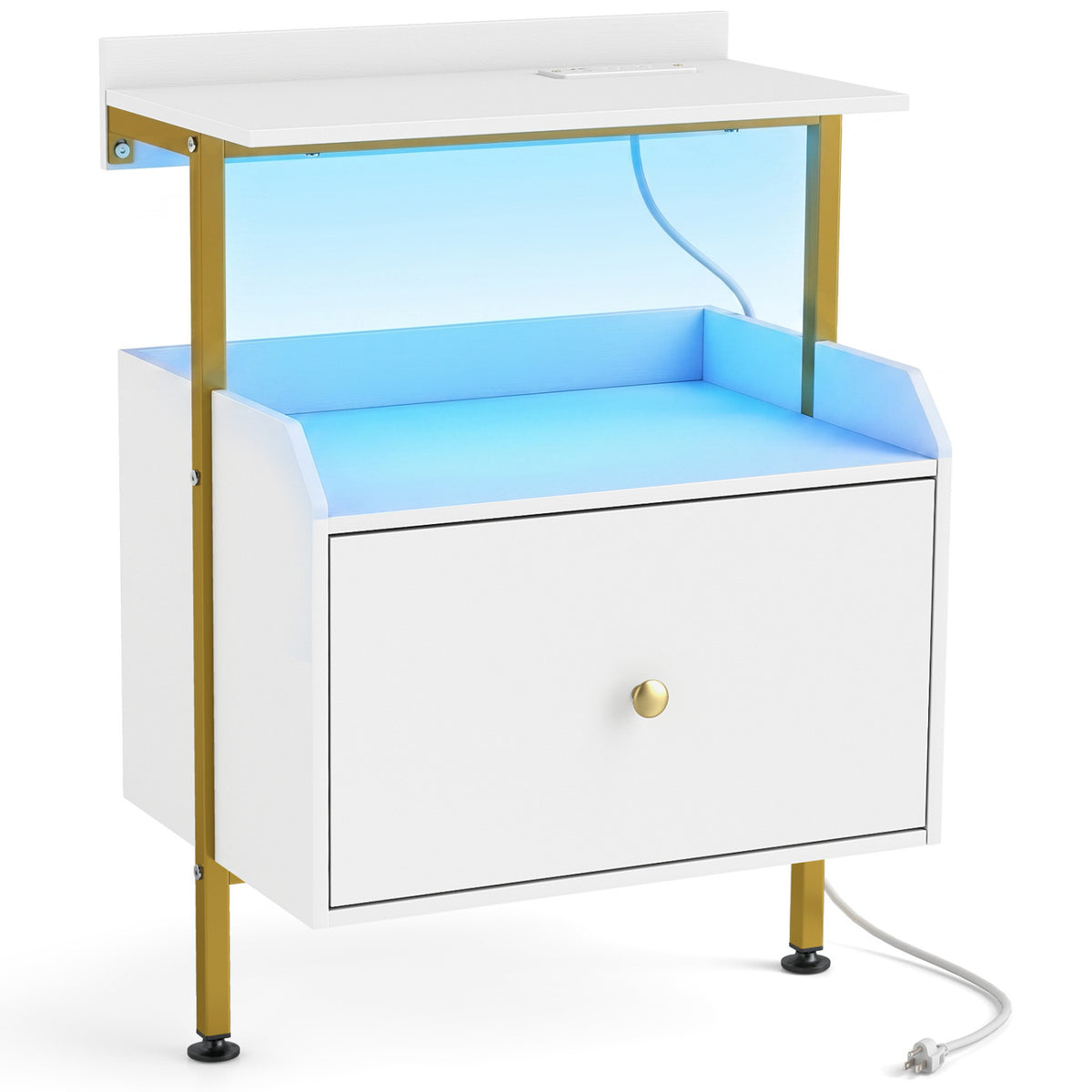 Wall-Mounted Nightstand with RGB LED Lights & Charging - White
