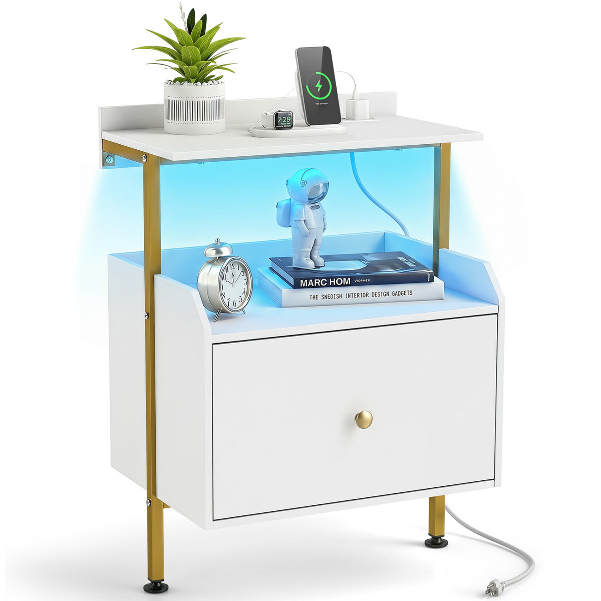 Wall-Mounted Nightstand with RGB LED Lights & Charging - White