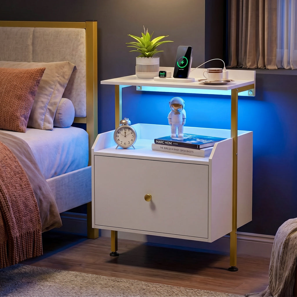 Wall-Mounted Nightstand with RGB LED Lights & Charging - White