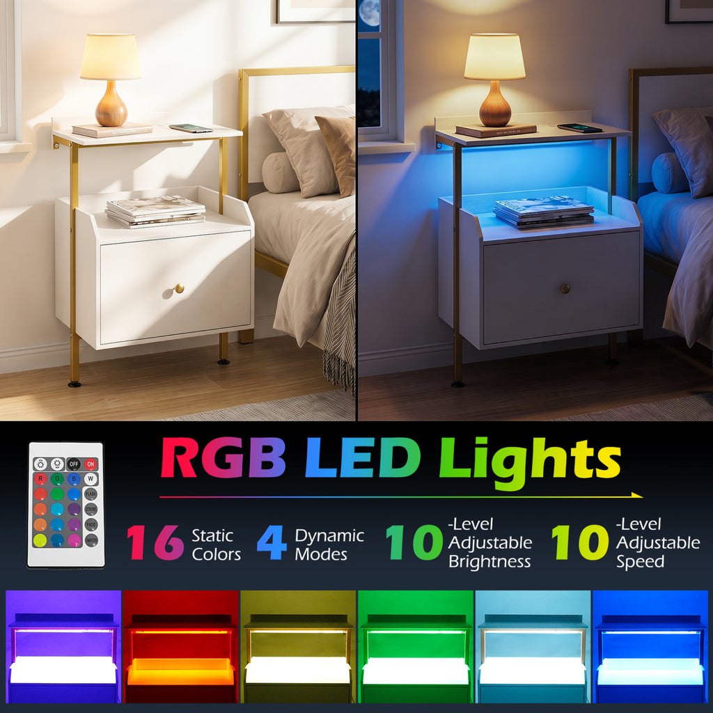 Wall-Mounted Nightstand with RGB LED Lights & Charging - White