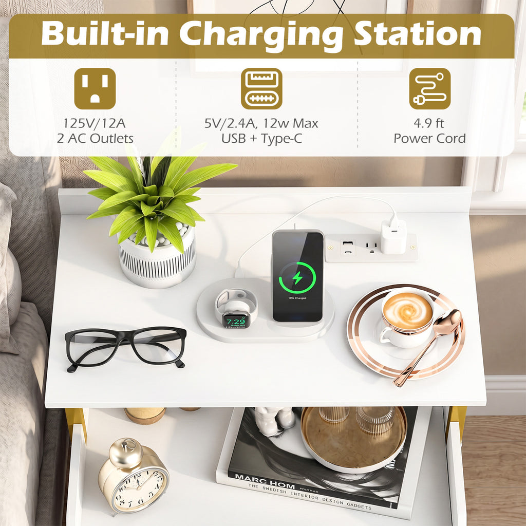Wall-Mounted Nightstand with RGB LED Lights & Charging - White