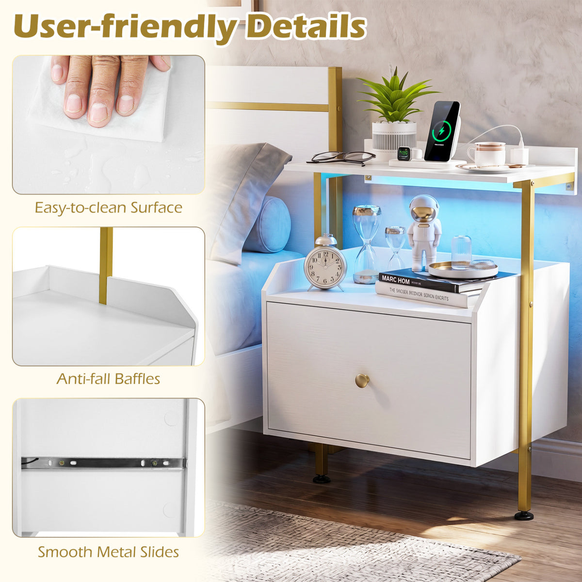 Wall-Mounted Nightstand with RGB LED Lights & Charging - White