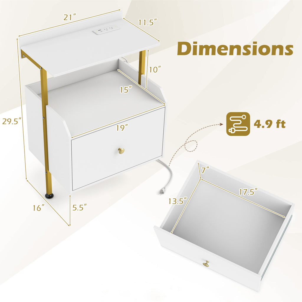 Wall-Mounted Nightstand with RGB LED Lights & Charging - White