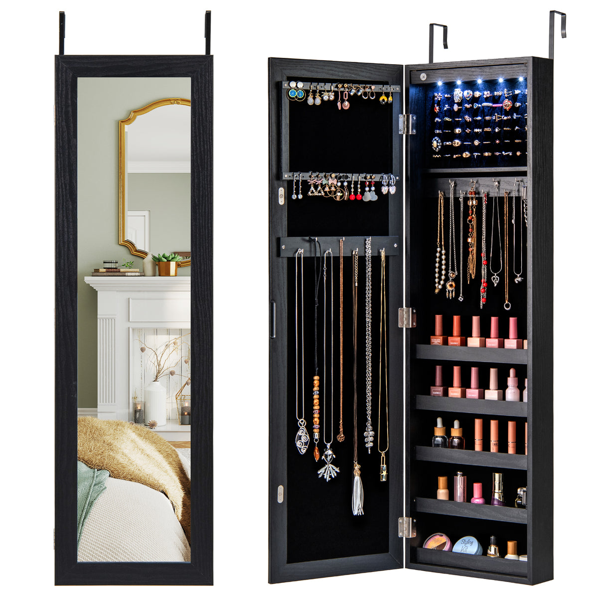 Wall-Mounted Mirrored Jewelry Armoire with LED Lights - Navy