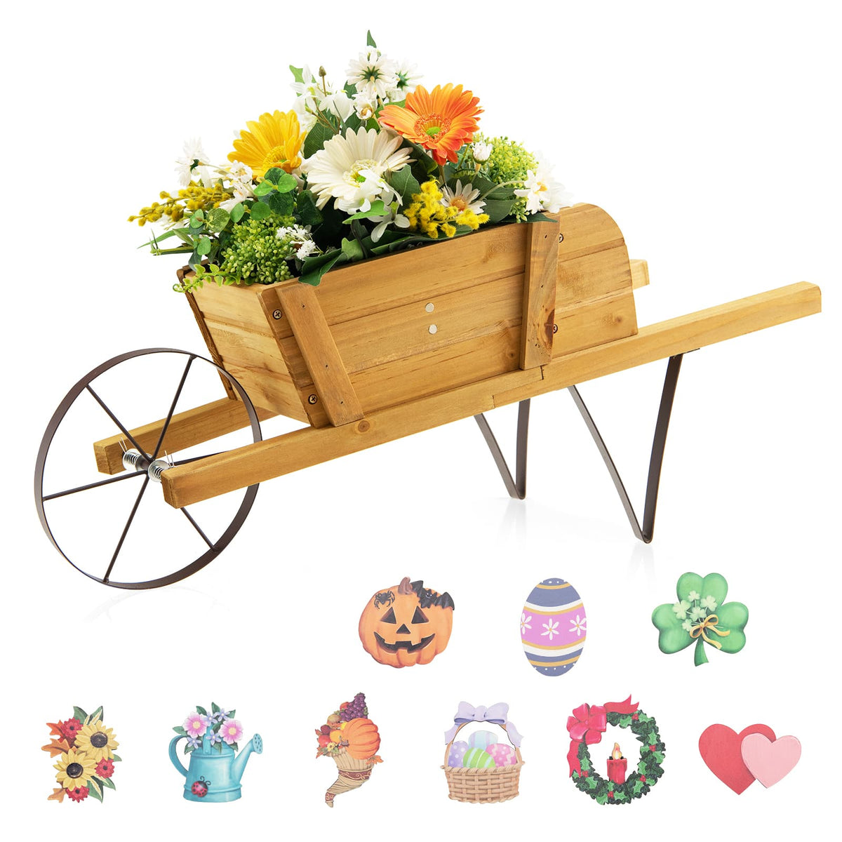 Wooden Wagon Planter with 9 Magnetic Accessories for Garden Yard