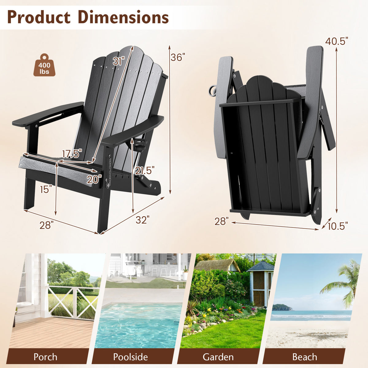 Weather Resistant HDPE Folding Adirondack Chair with High Backrest