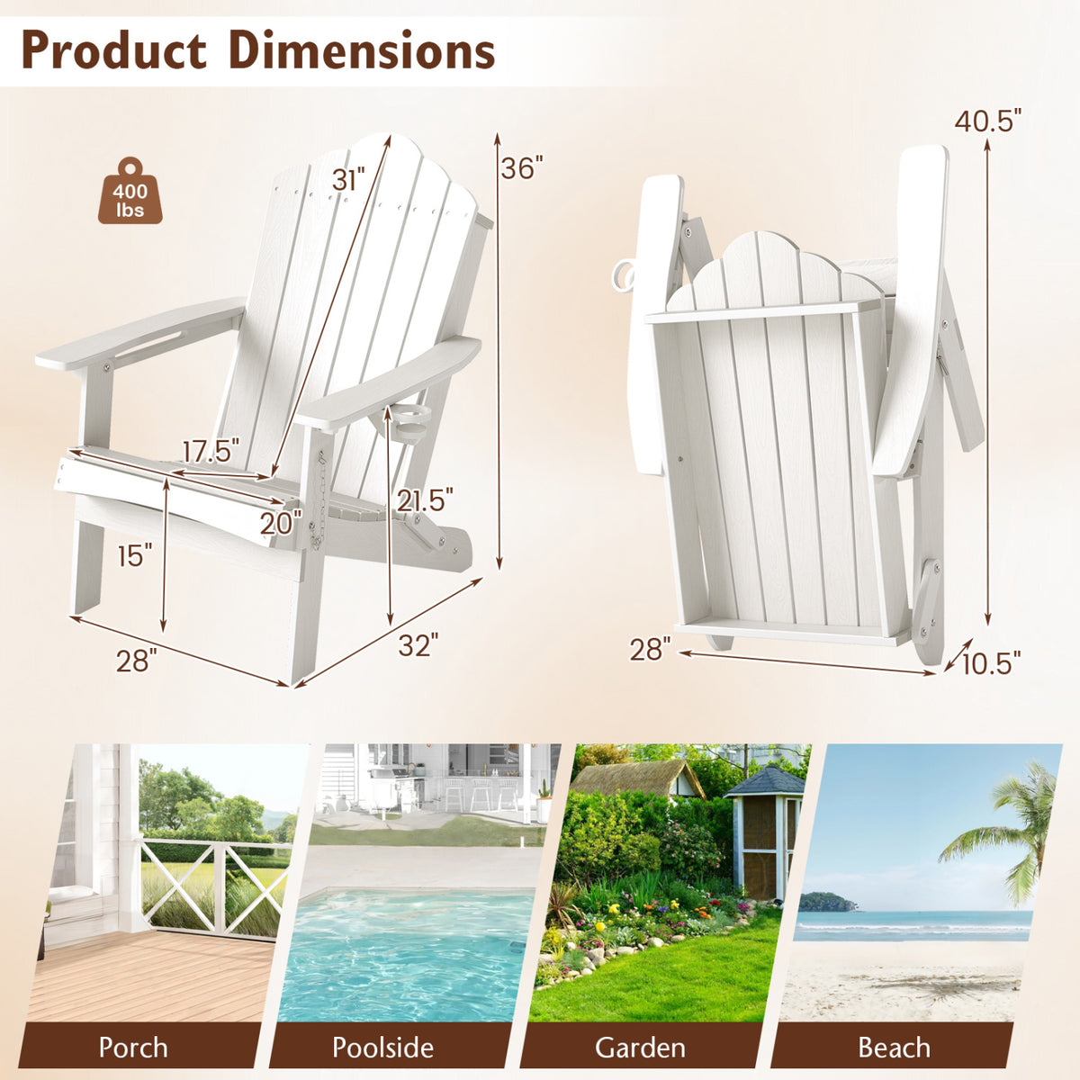 Weather Resistant HDPE Folding Adirondack Chair with High Backrest