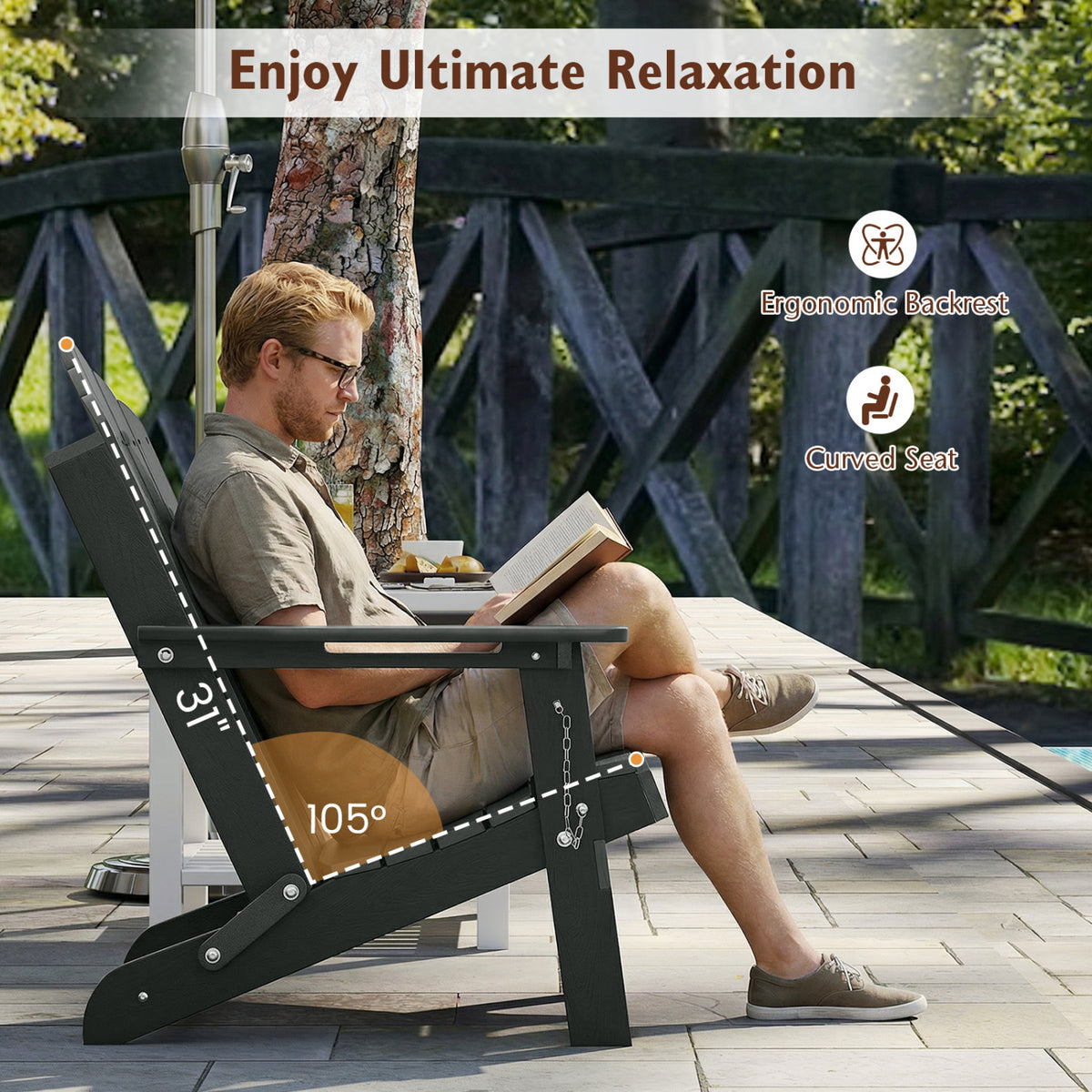 Weather Resistant HDPE Folding Adirondack Chair with High Backrest