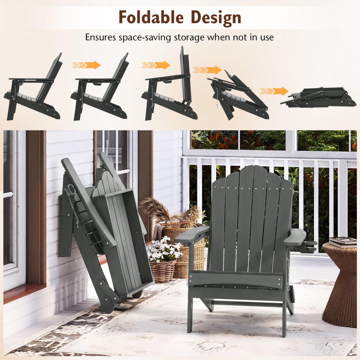 Weather Resistant HDPE Folding Adirondack Chair with High Backrest