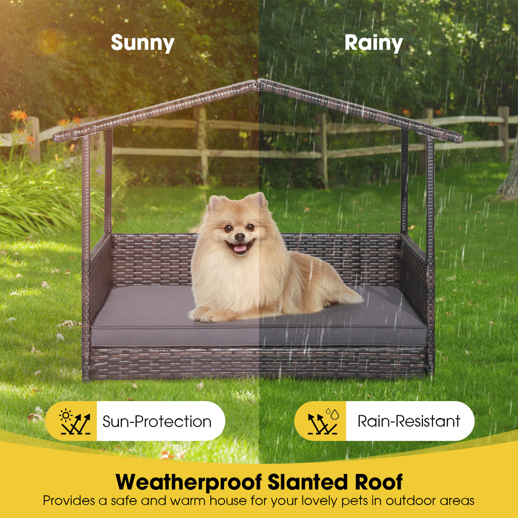 Gray Outdoor Wicker Dog House with Weatherproof Roof - Suitable for All Sizes