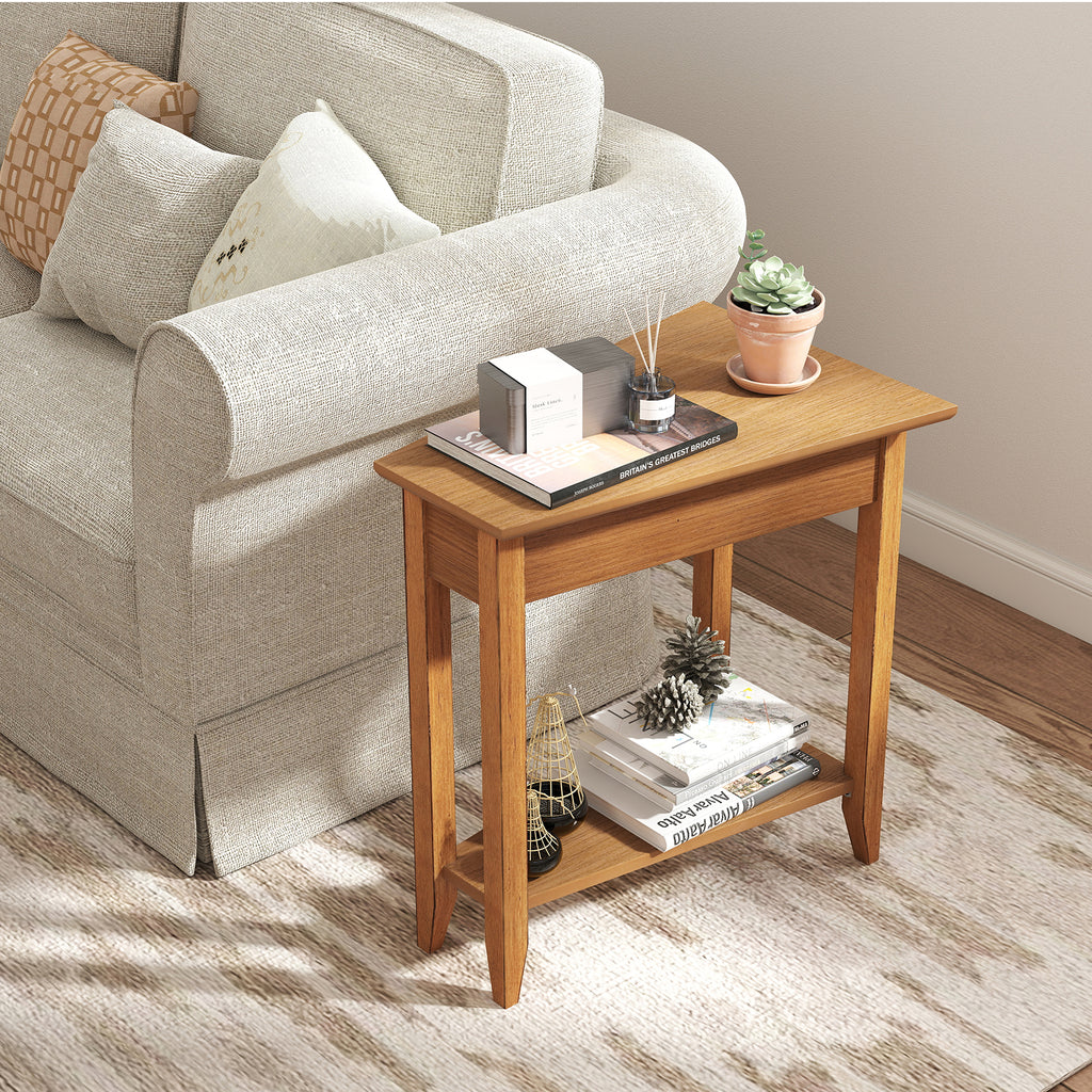 2-Tier Wedge Narrow End Table with Storage Shelf, Walnut