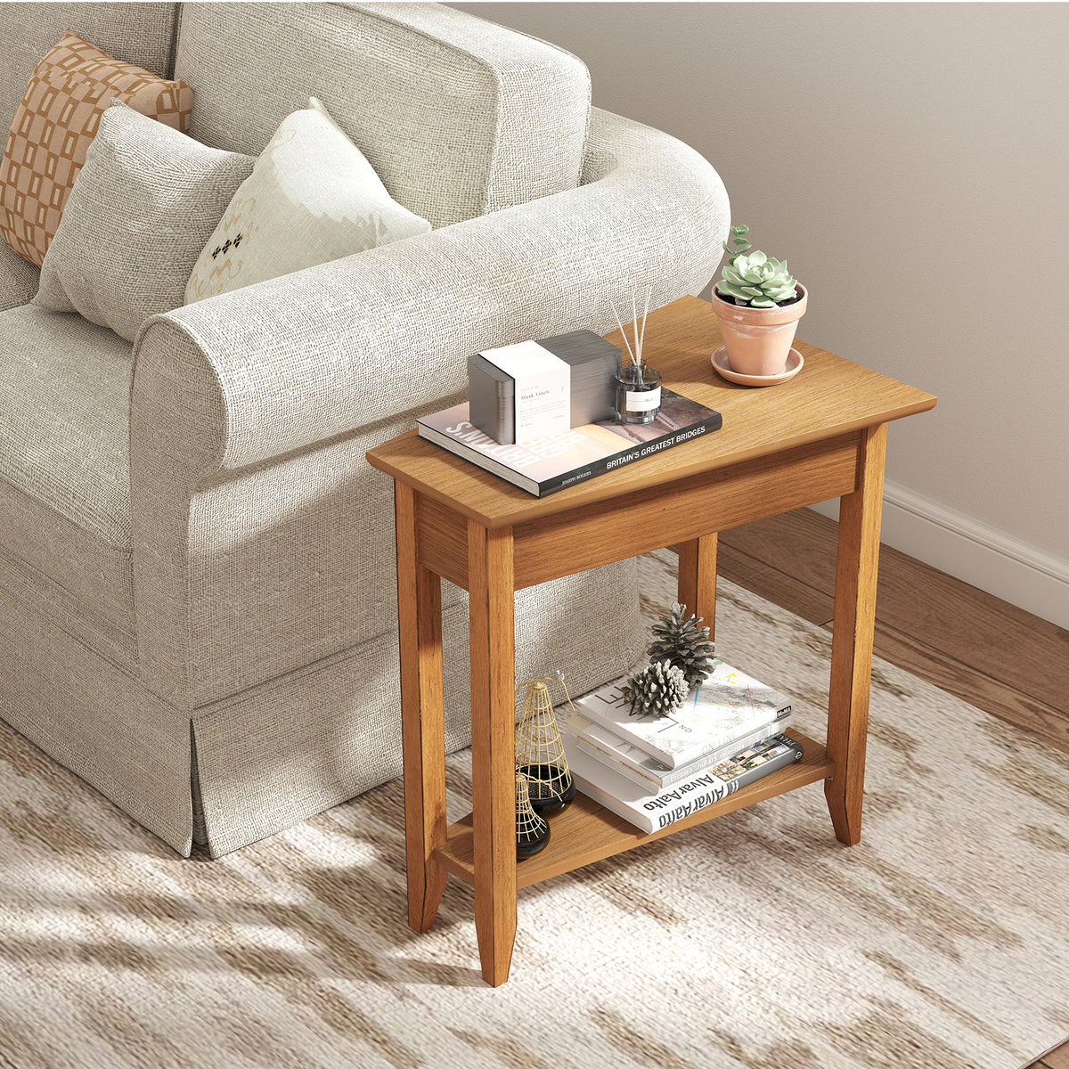 2-Tier Wedge Narrow End Table with Storage Shelf, Walnut