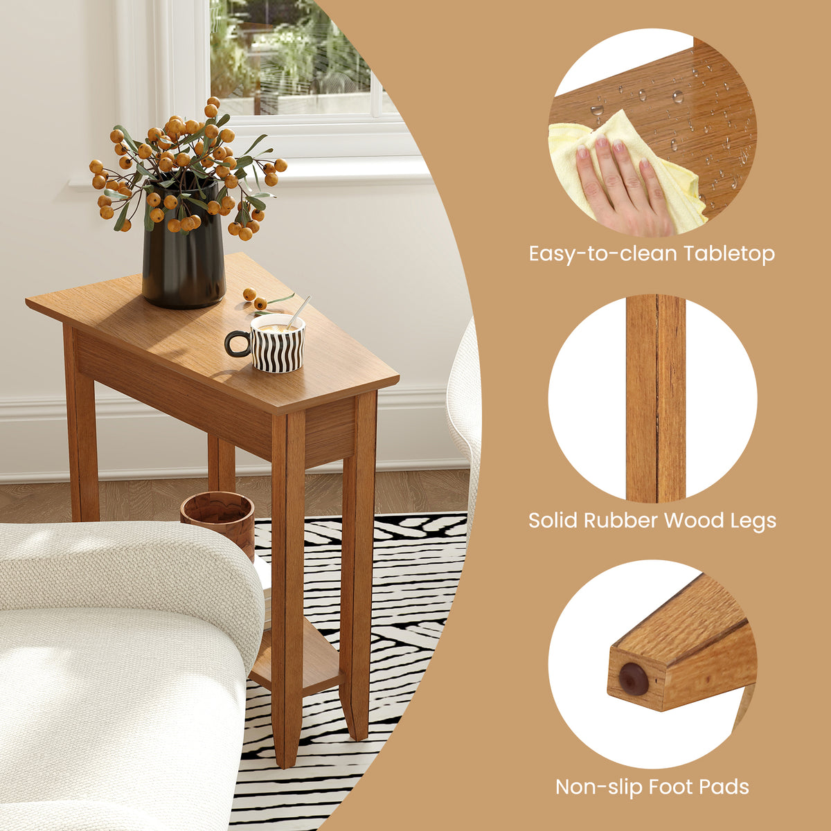 2-Tier Wedge Narrow End Table with Storage Shelf, Walnut
