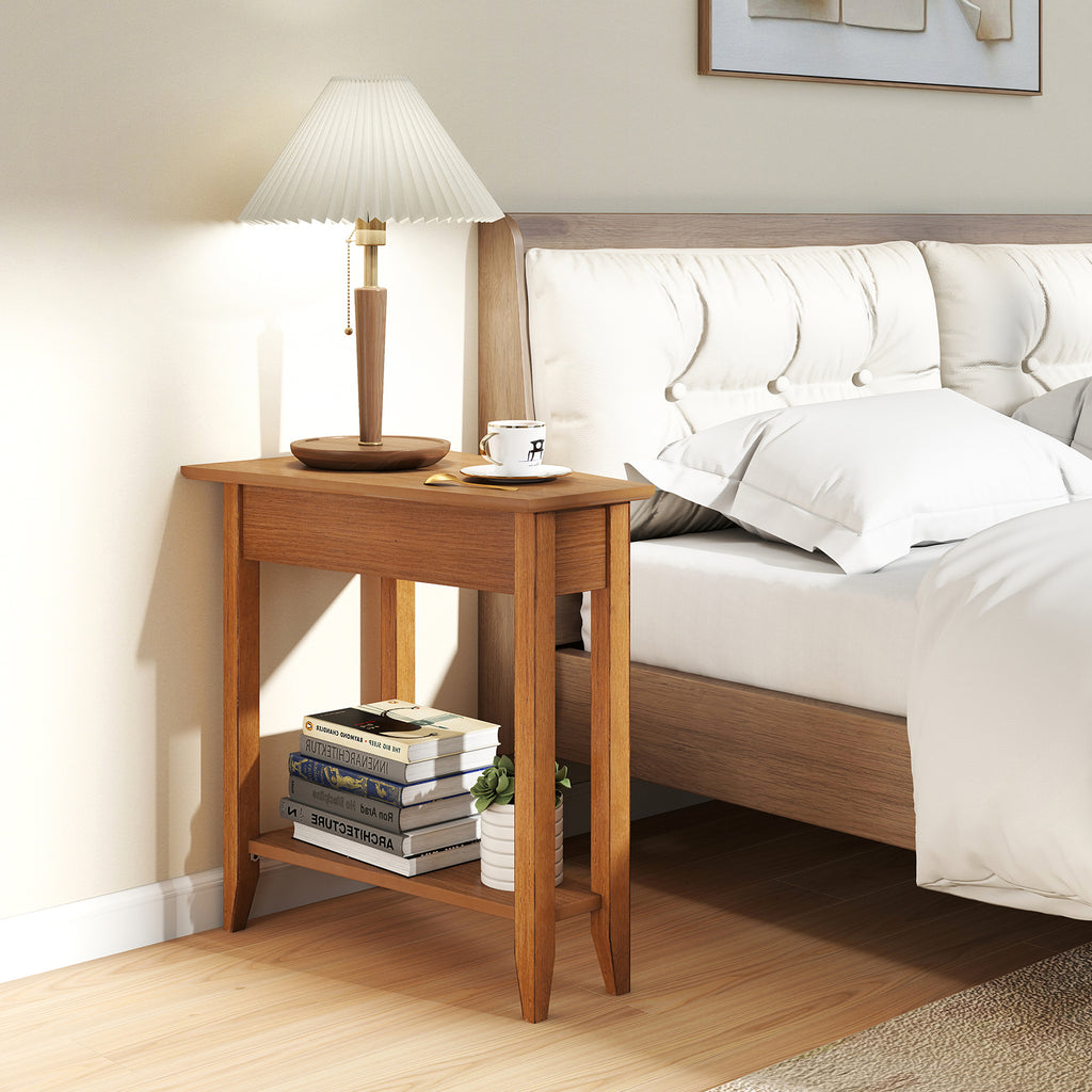 2-Tier Wedge Narrow End Table with Storage Shelf, Walnut