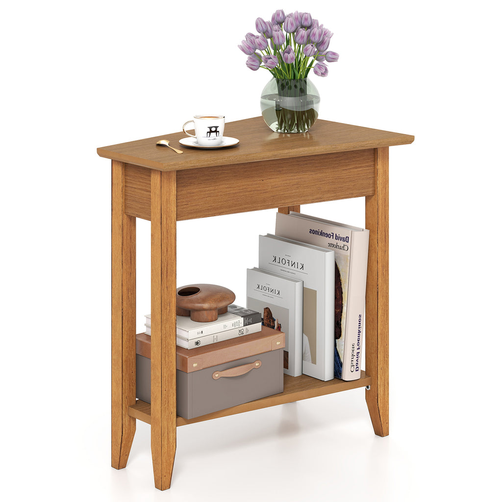 2-Tier Wedge Narrow End Table with Storage Shelf, Walnut