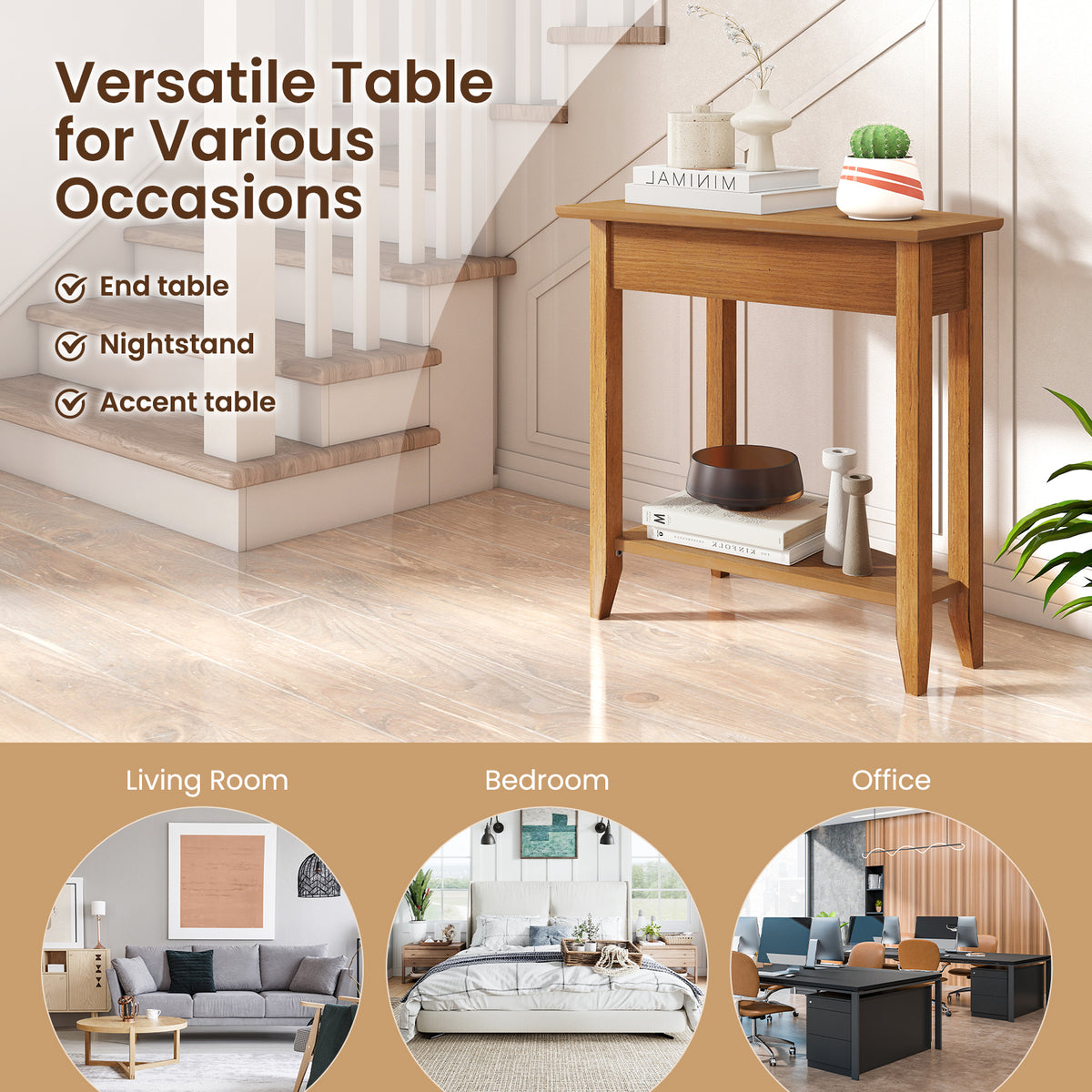 2-Tier Wedge Narrow End Table with Storage Shelf, Walnut